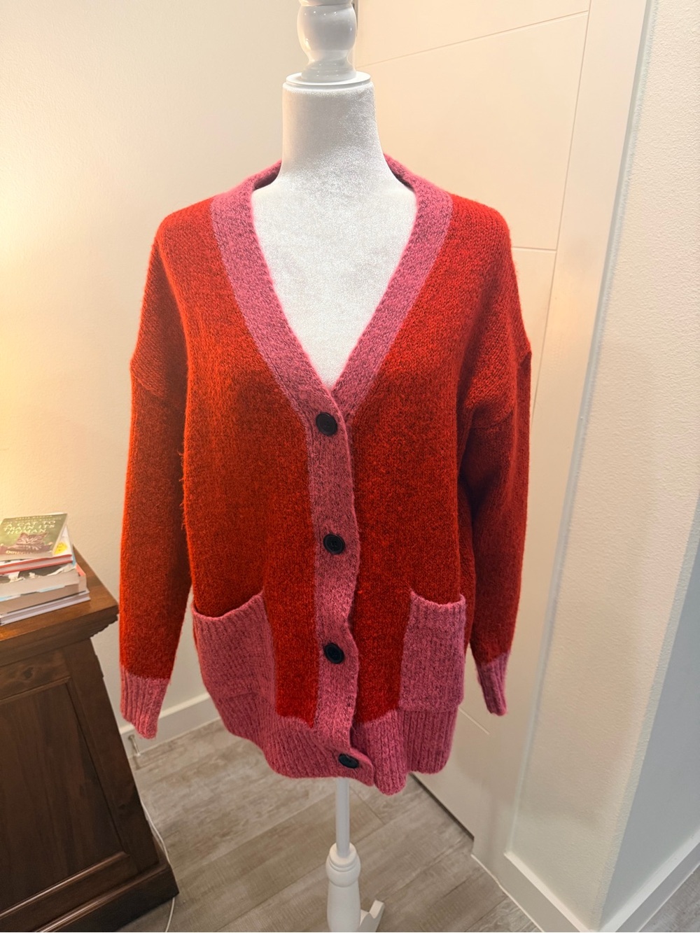 &merci Women's Red and Pink V-Neck Button Cardigan Sweater